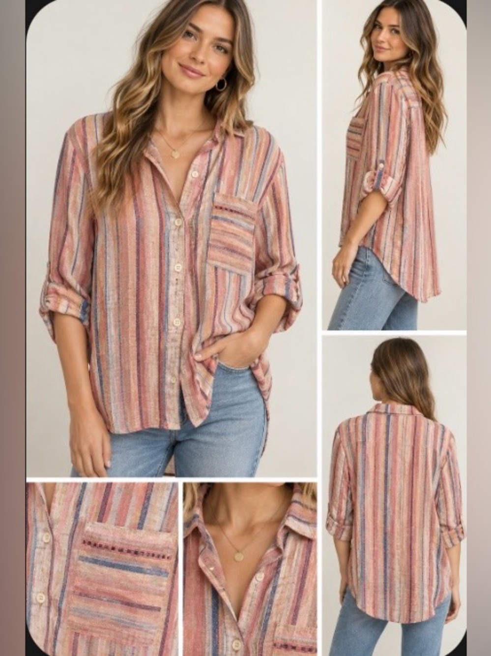 Anthropologie Striped Button-Down Shirt in Pink and Blue Tones xl